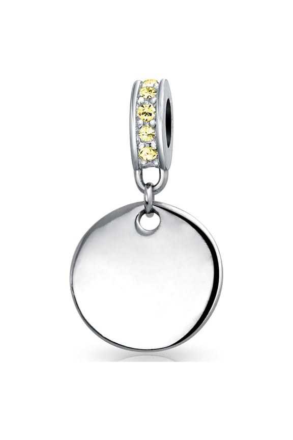 Womens .925 Sterling Silver Yellow Topaz Crystal Accent Bale Circle Disc Shape Dangle Charm Bead