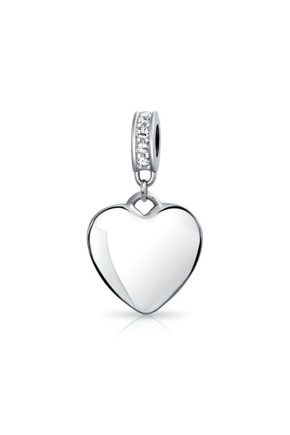 Womens .925 Sterling Silver Clear Crystal Accent Bale Heart Shape Dangle Charm Bead for Bracelet