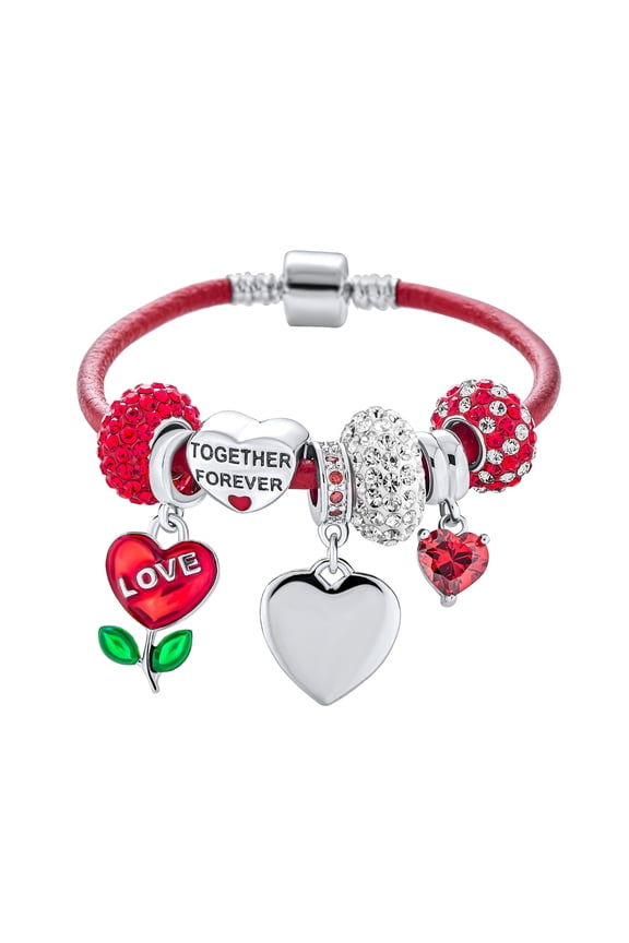 Womens LOVE BFF Valentine Engraving Heart Multi Bead Charm Bracelet Red Leather Sterling Silver Clasp
