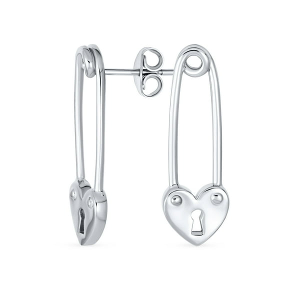 Bling Jewelry Womens Romantic Love Lock Heart Safety Pin Drop Earrings .925 Sterling Silver