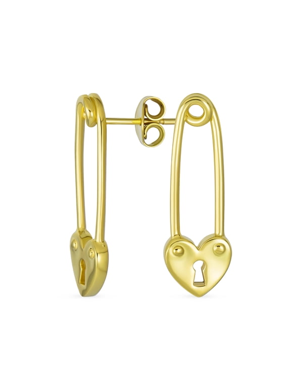 Womens Romantic Heart Lock Safety Pin Drop Earrings Gold Plated Sterling Silver