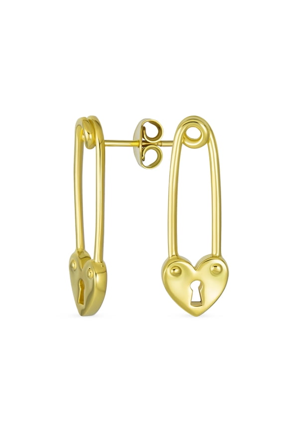 Womens Romantic Love Lock Heart Safety Pin Drop Earrings Gold Plated Sterling Silver