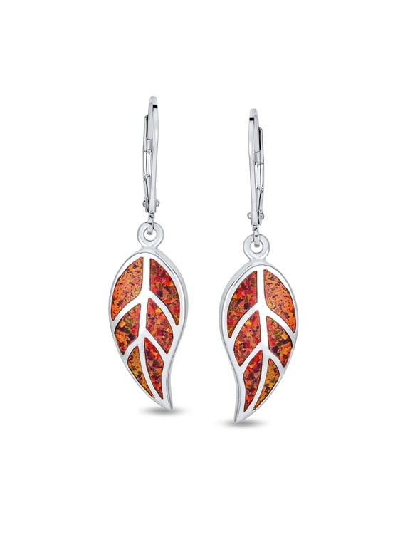 Womens Red Created Opal Inlay Leaf Dangle Earrings Sterling Silver Lever Back