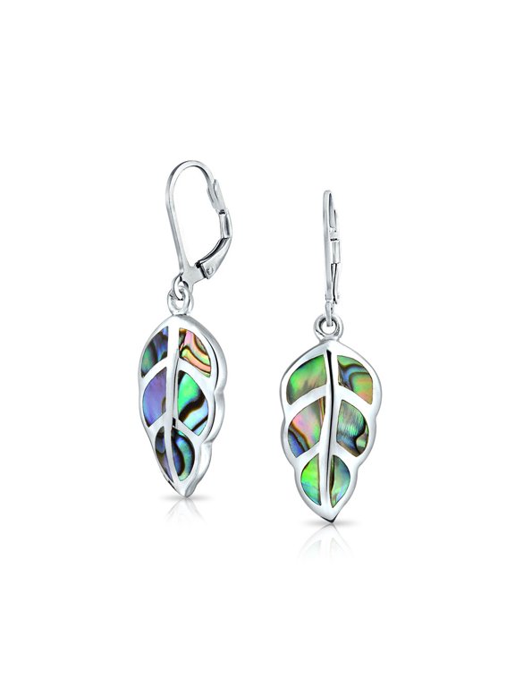 Womens Rainbow Created Opal Inlay Leaf Dangle Earrings Sterling Silver Lever Back