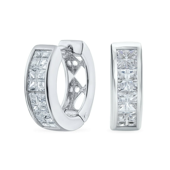 Bling Jewelry Womens Invisible Cut Channel Set CZ Hoop Earrings Black White Huggie Kpop Silver