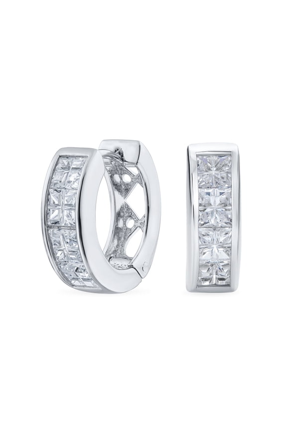 Womens Invisible Cut Channel Set CZ Hoop Earrings Black White Huggie Kpop Silver