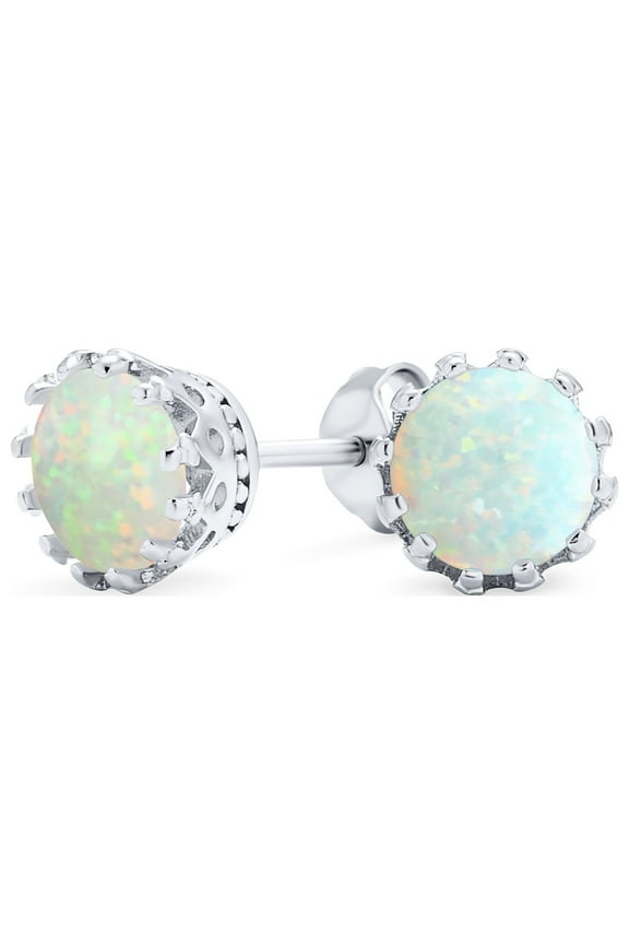 Womens Iridescent Opal Crown Stud Earrings Rose Gold & Sterling Silver 6MM Birthstone