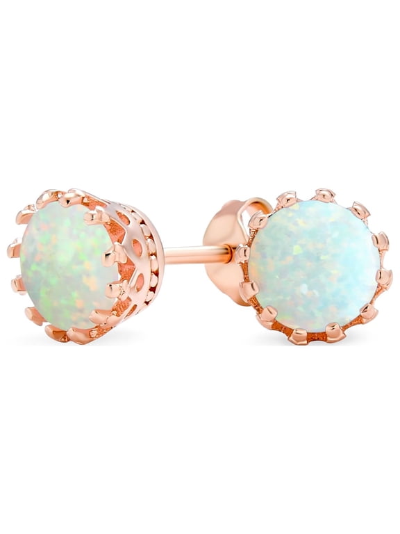 Womens Rose Gold Plated Opal Crown Stud Earrings Sterling Silver 6MM