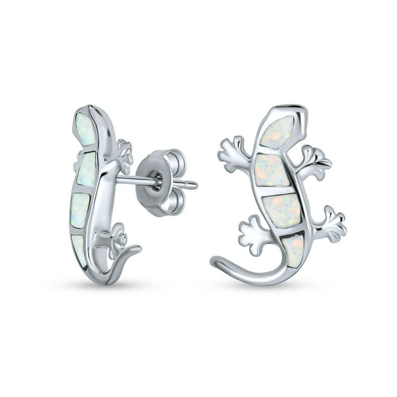 Bling Jewelry Womens Iridescent Opal Inlay Gecko Lizard Stud Earrings Sterling Silver Birthstone