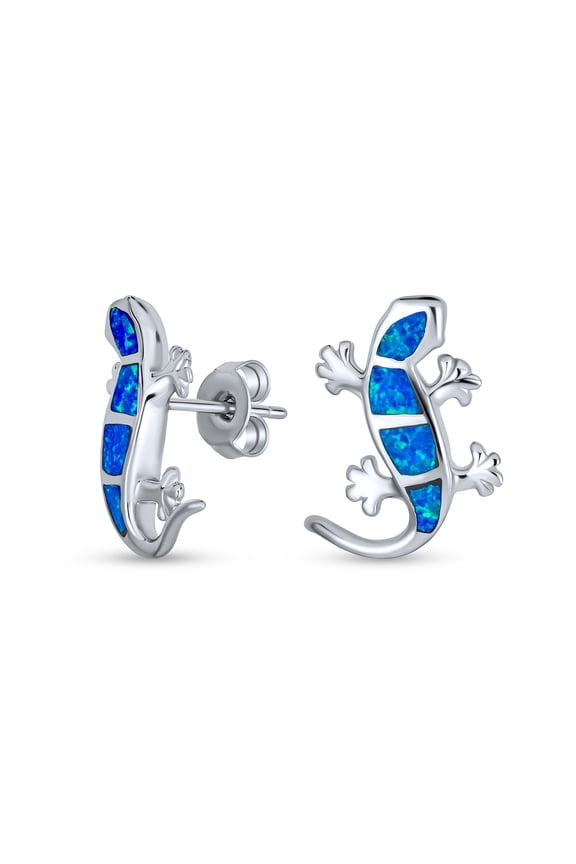 Womens Created Blue Opal Inlay Garden Gecko Lounge Lizard Stud Earrings .925 Sterling Silver