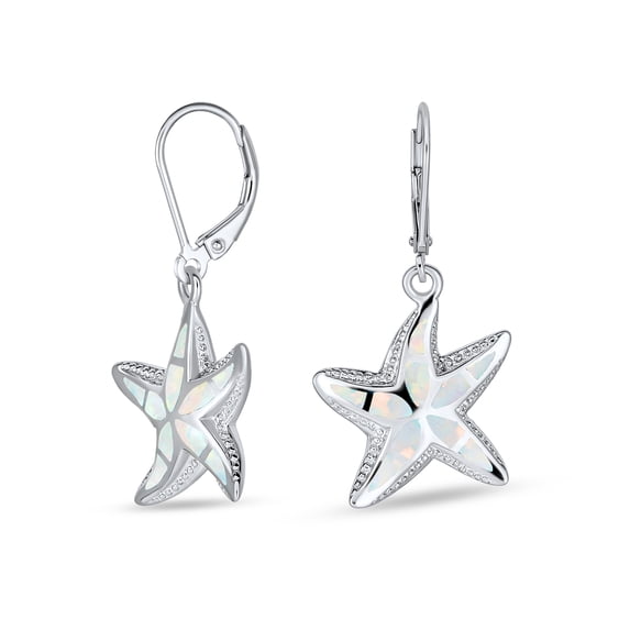 Bling Jewelry Womens Iridescent Created Opal Inlay Starfish Dangle Drop Lever back Earrings Silver