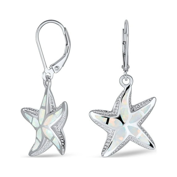 Bling Jewelry Womens Iridescent Created Opal Inlay Starfish Dangle Drop Lever back Earrings Silver