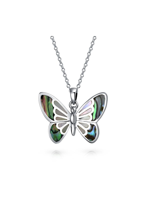 Womens Iridescent Rainbow Abalone Shell Butterfly Pendant Necklace in Sterling Silver