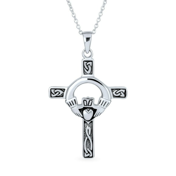 Bling Jewelry Womens Irish Celtic Knot Claddagh Cross Pendant Necklace in Oxidized Sterling Silver