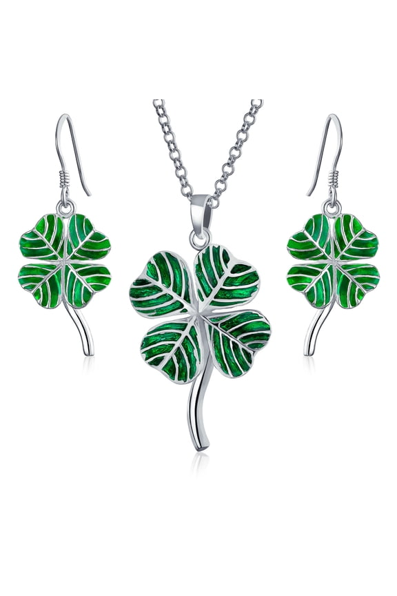 Womens Irish Jewelry Set Shamrock Charm Green Clover Earrings & Pendant Necklace Silver