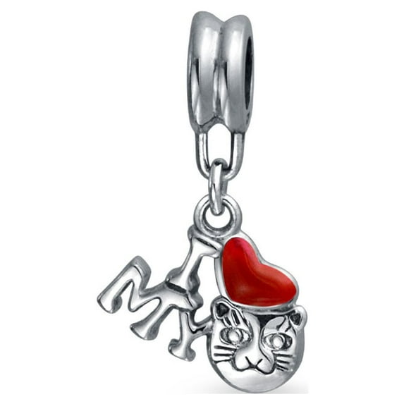 Bling Jewelry Womens Kitten Pet Red Heart 'I Love My Cat' Dangle Charm Bead for European Bracelet
