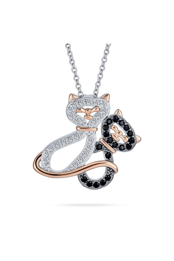Womens Kitty Cat Pendant Necklace CZ Black & White Kitten Jewelry Two-Tone Gold