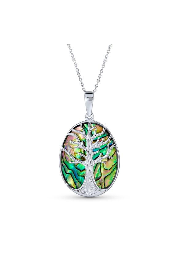 Womens Lapis Turquoise Abalone Tree of Life Pendant Necklace in Sterling Silver