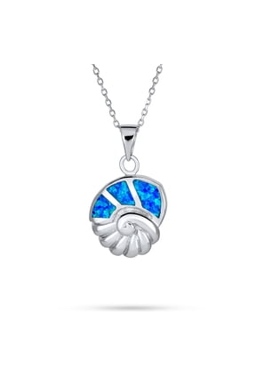 Womens Large Blue Gemstone Opal Inlay Nautical Beach Shell Pendant Necklace Silver