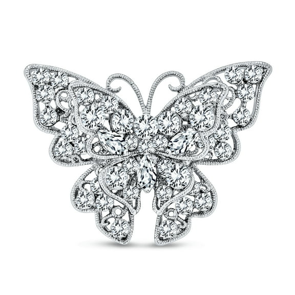 Bling Jewelry Womens Large Crystal Filigree Statement Butterfly Brooch Pin Silver