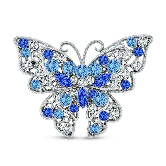 Bling Jewelry Womens Blue Crystal Filigree Statement Butterfly Brooch Pin Silver