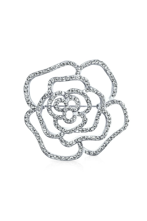 Womens Large Fashion Statement Rose Flower Brooch Pin with Sparkling Crystals Silver Tone