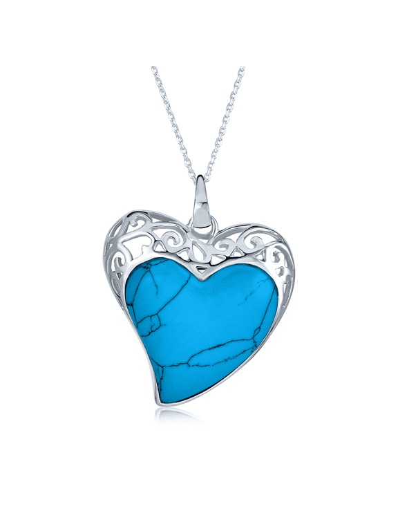 Womens Romantic Filigree Natural Turquoise Heart Pendant Necklace Sterling Silver