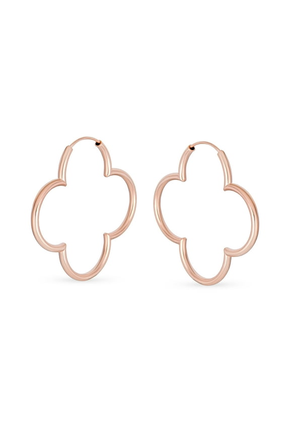 Womens Simple Large Thin Tube Endless Clover Flower Shaped Hoop Earrings Rose Gold Sterling Silver 1.5 Inch