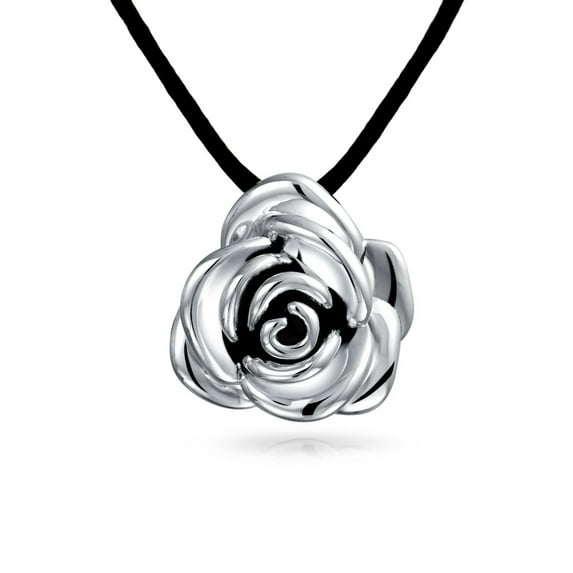 Bling Jewelry Womens Large Statement Flower Rose Pendant Necklace Black Silk Cord Hollow Oxidized Sterling Silver