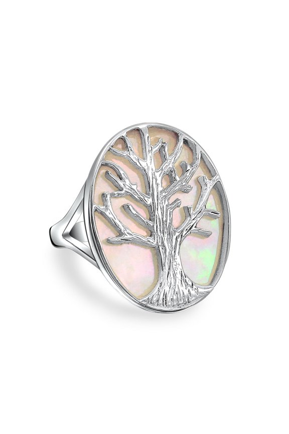 Womens Large Iridescent Abalone Mother of Pearl Tree of Life Silver Ring Sterling