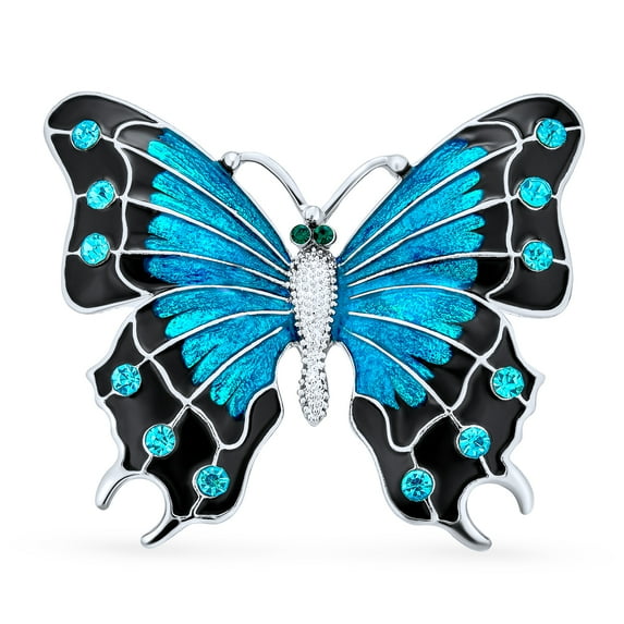Bling Jewelry Womens Large Blue Black Crystal Accent Butterfly Brooche Pin Enamel