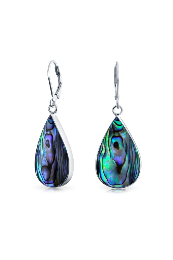 Womens Sterling Silver Iridescent Rainbow Natural Abalone Shell Dangle Large Teardrop Earrings Lever Back