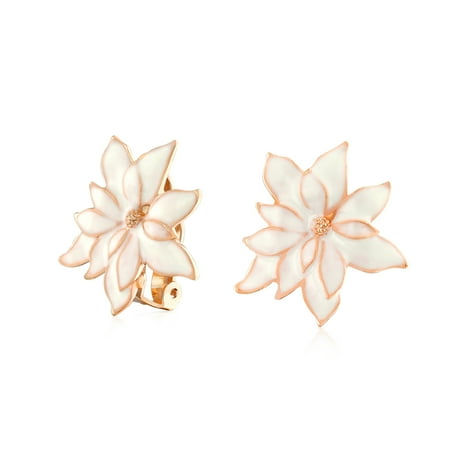 Bling Jewelry Womens Christmas Party White Enamel Statement Flower Poinsettia Clip On Earrings Rose Gold Plated