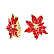 Bling Jewelry Womens Large Statement Poinsettia Brooch Clip-On Earrings Set Red Enamel Gold Plated