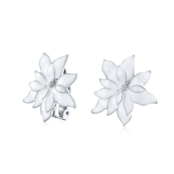 Bling Jewelry Womens Large Statement White Poinsettia Clip-On Earrings Enamel Jewelry for Non-Pierced Silver
