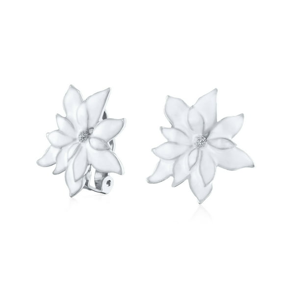 Bling Jewelry Womens Large Statement White Poinsettia Clip-On Earrings Enamel Jewelry for Non-Pierced Silver