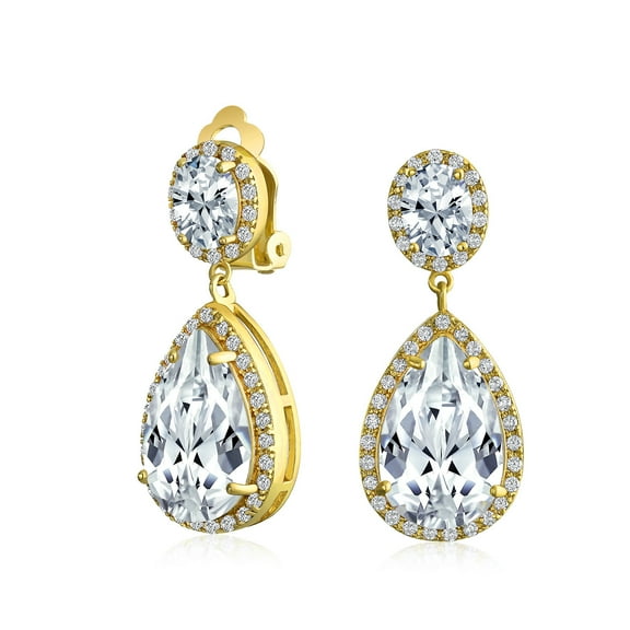 Bling Jewelry Womens Large Teardrop Pave CZ Halo Statement Dangle Clip On Earrings Gold Plated