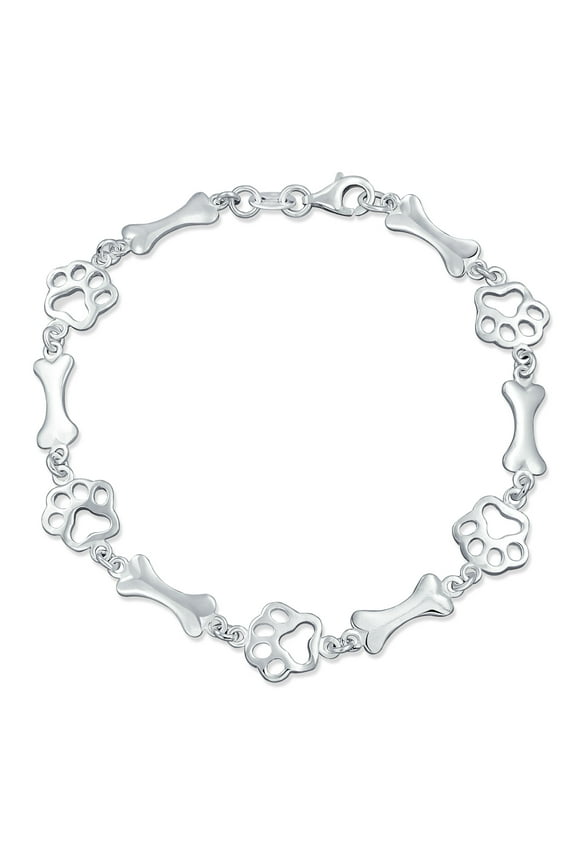Womens Dog Bone Paw Print Chain Link Bracelet Earrings Set Silver