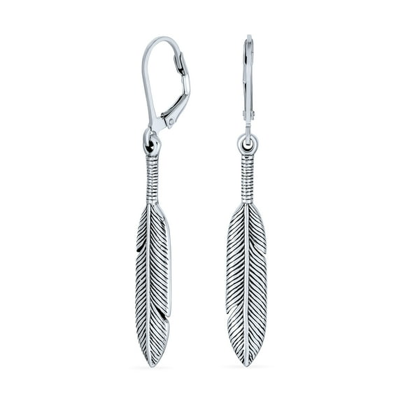 Bling Jewelry Womens  Style Dangle Leaf Feather Earrings Oxidized Sterling Silver Lever back