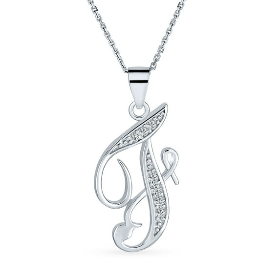 Bling Jewelry Womens Letter F Script Initial Pendant Necklace Pave CZ .925 Sterling Silver