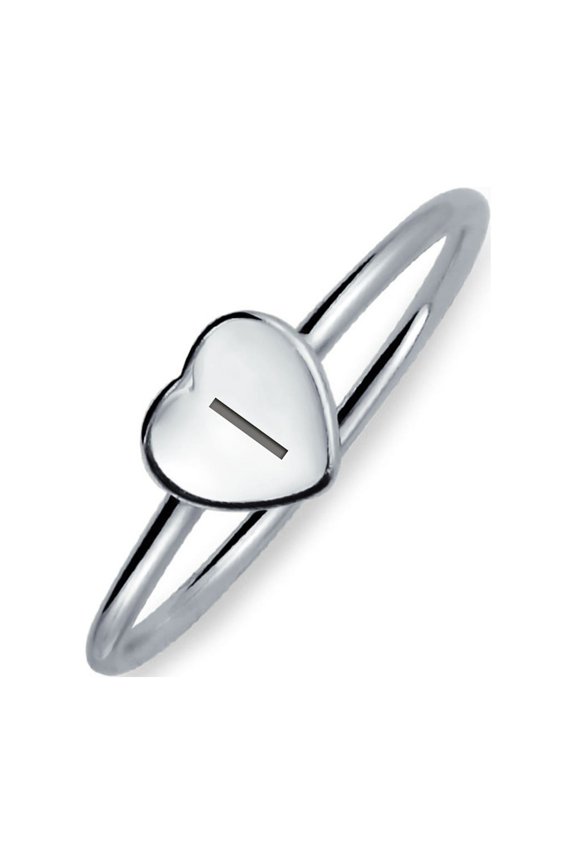 Womens Letter I Block Alphabet Initial Heart Monogram Signet Ring .925 Silver Engraved