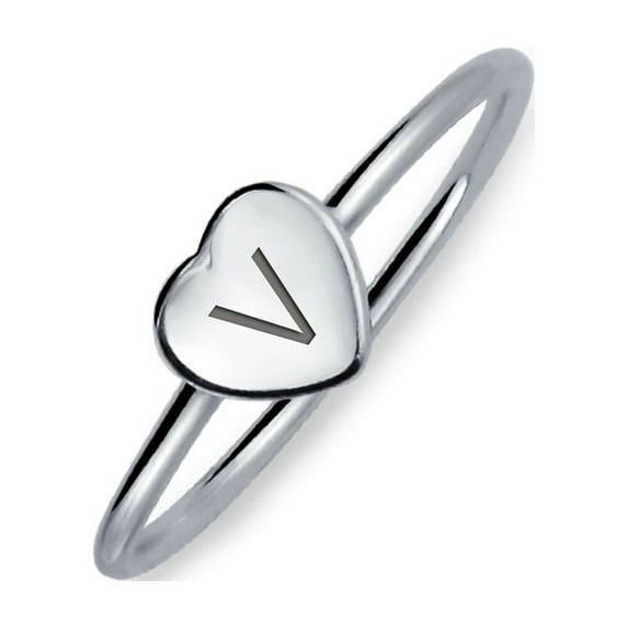 Bling Jewelry Womens Letter V Block Alphabet Initial Heart Monogram Signet Ring .925 Silver Engraved