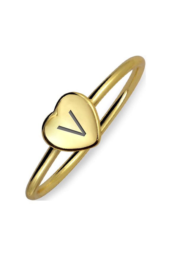 Womens Letter V Block Alphabet Initial Heart Monogram Signet Ring Gold Plated Engraved