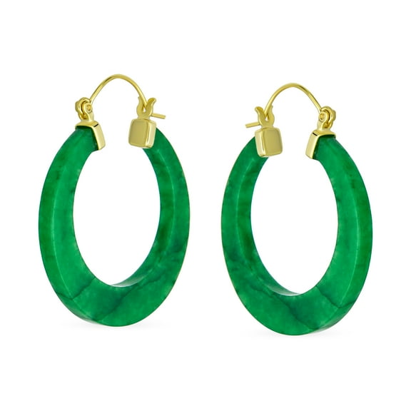 Bling Jewelry Womens Green Jade CZ Hoop Earrings 14K Gold Plated Sterling Silver