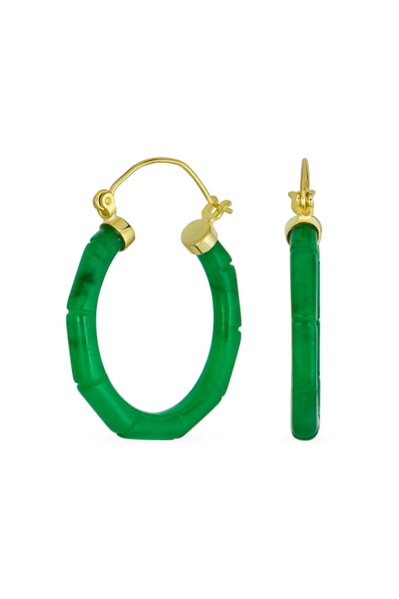 Womens Green Jade Gemstone Bamboo CZ Hoop Earrings 14K Gold Plated
