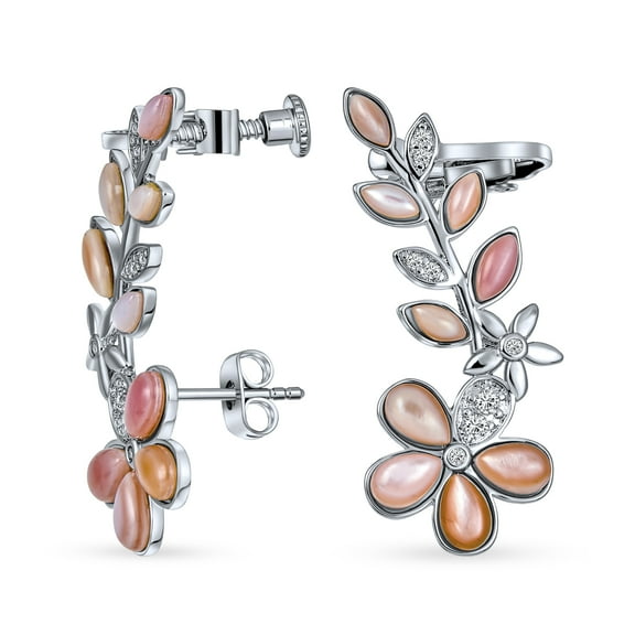 Bling Jewelry Womens Mop Mother of Pearl Pink Flower Crawler Cartilage Earrings Clip Back for Pierced Ears