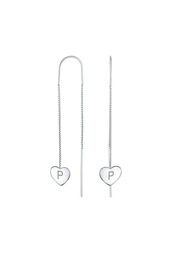 Womens Lightweight Long Flat Heart Chain Threader Earrings Sterling Silver U Hook