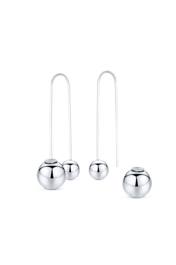 Womens  Long Wire Double Bead Ball Threader Earrings .925 Sterling Silver
