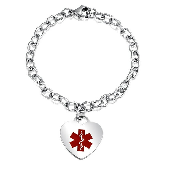 Bling Jewelry Womens Link Chain Red Medical ID Bracelet with Heart Tag Silver Tone 7-7.5 Inch