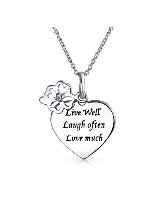 Womens Live Love Laugh Flower Charm Heart Pendant Necklace .925 Sterling Silver